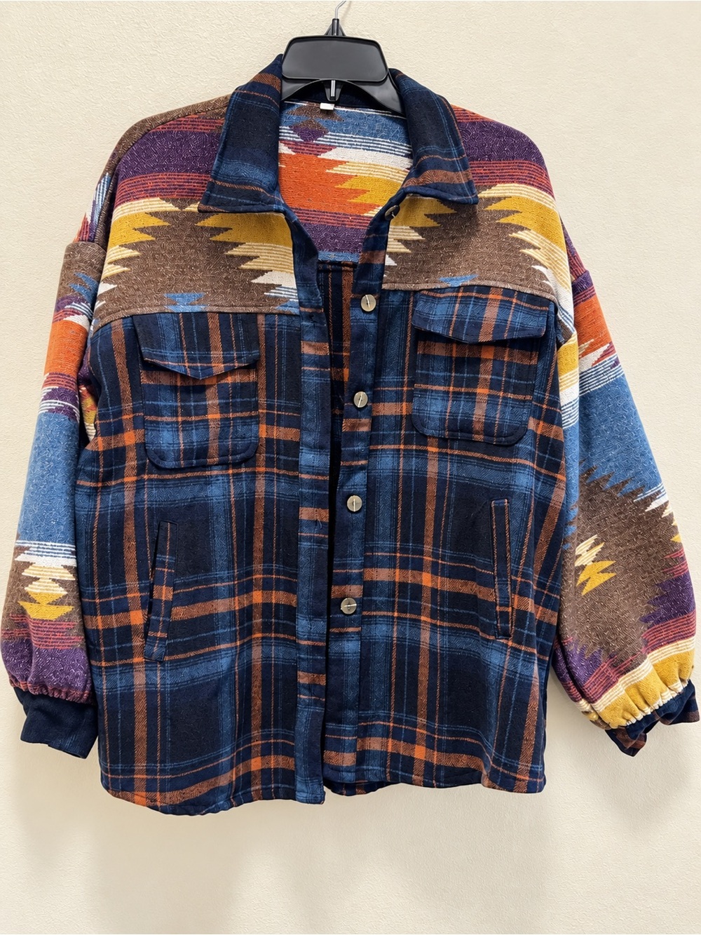 Aztec-Inspired Plaid Jean Jacket - Navy Multicolor